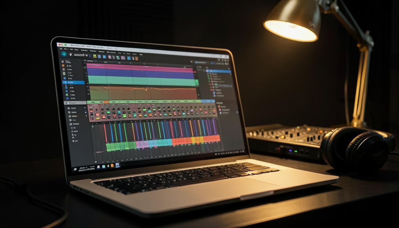 Ableton Live drum rack with click and guide tracks on a laptop in a dark studio